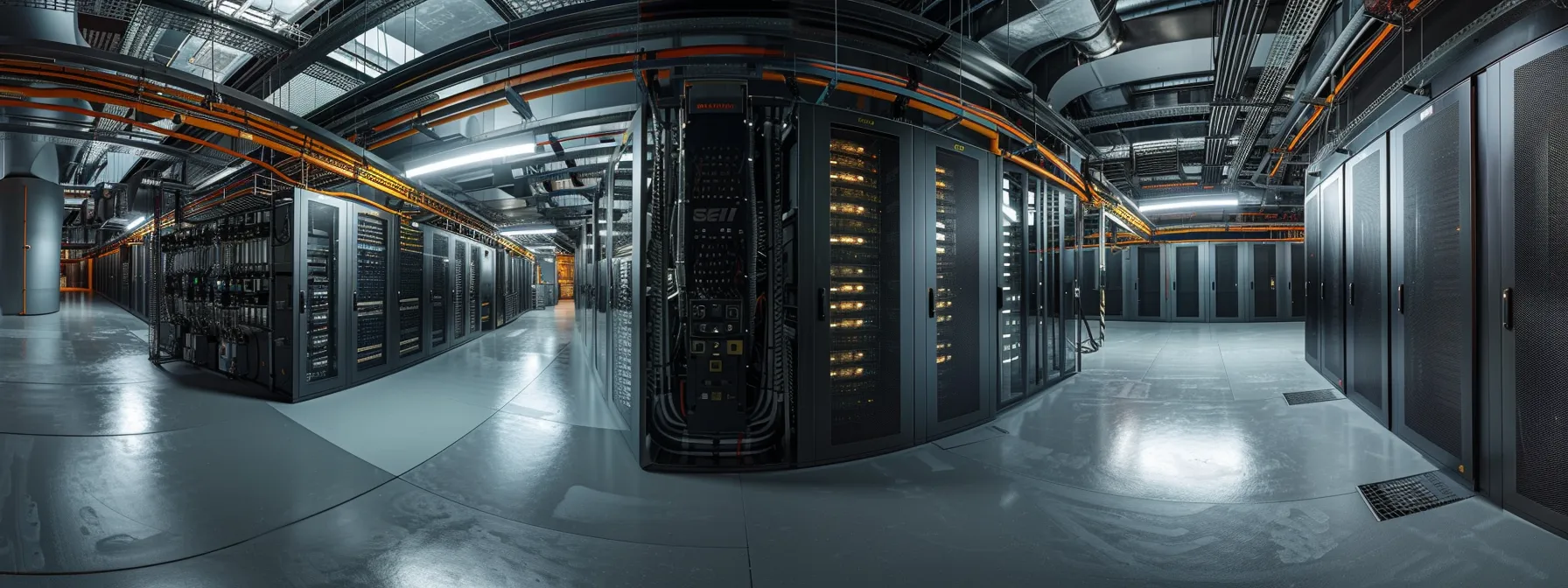 a futuristic cloud data center filled with high-tech equipment, showcasing the transformation of ai and machine learning services.