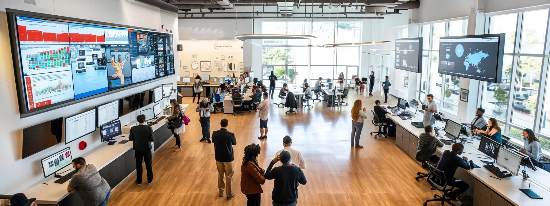 a bustling office space filled with diverse teams collaborating on large boards, charts, and digital screens, showcasing the implementation of standardized agile processes in a large organization.