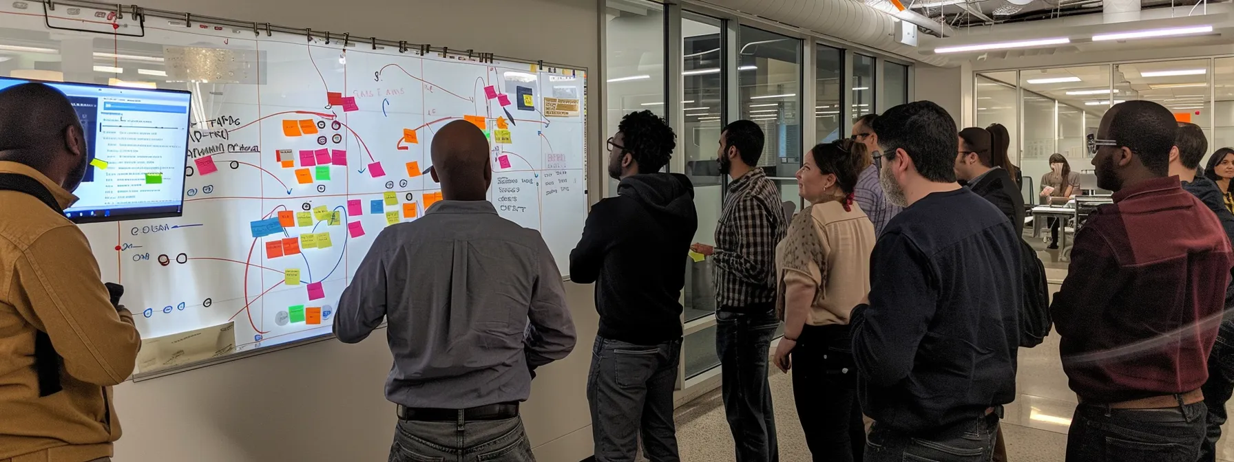 a diverse team gathered around a whiteboard filled with colorful sticky notes, discussing and rearranging priorities with a sense of collaboration and adaptability in an agile software development environment.