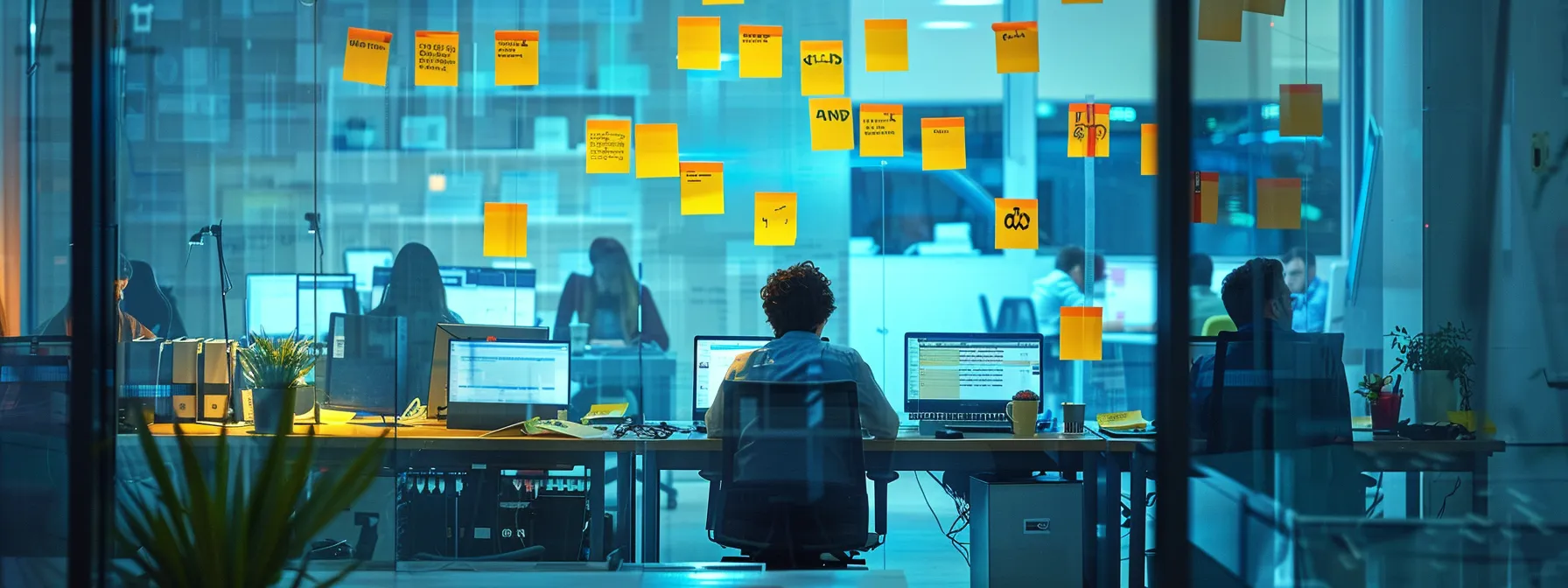 a team of developers working diligently on laptops in a modern, brightly lit office space, surrounded by sticky notes outlining clear definitions of done and automated testing scripts running in the background.