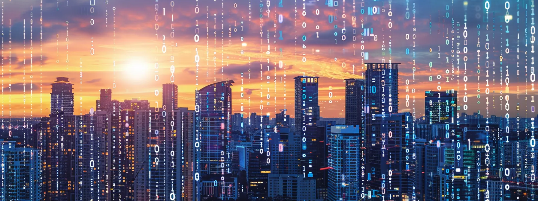 a bustling city skyline dominated by towering skyscrapers, with binary code streaming like neon lights through the streets, symbolizing the economic impact of software on global gdp.