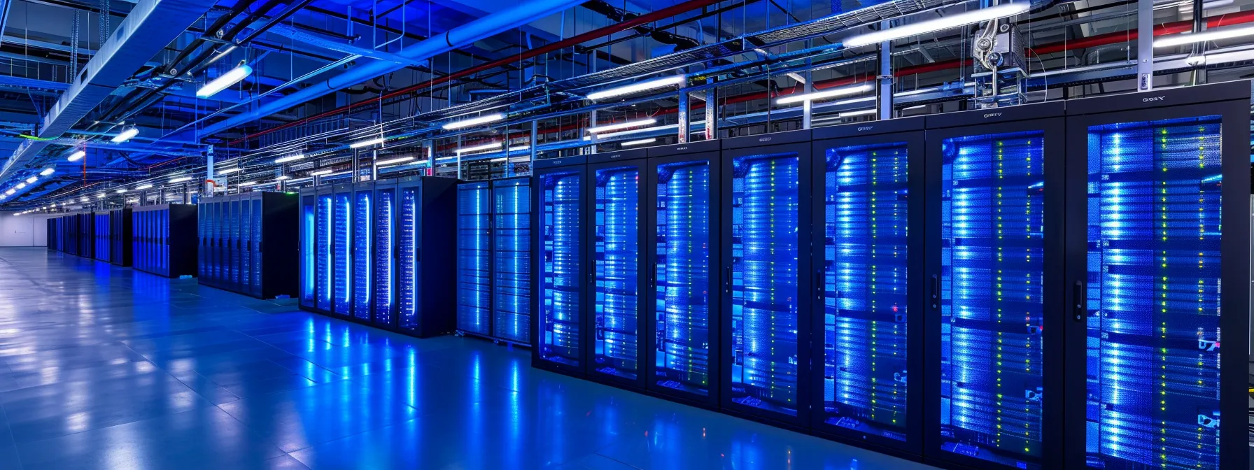 a futuristic data center filled with glowing servers and cutting-edge technology.